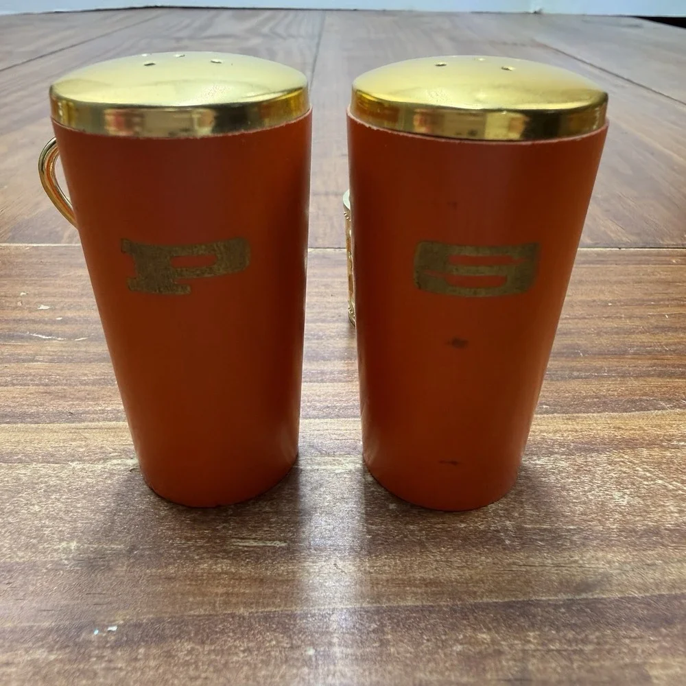 Vintage MCM St Louis Zoo Salt and Pepper Shakers Japan Wood Gold Holder Kitsch